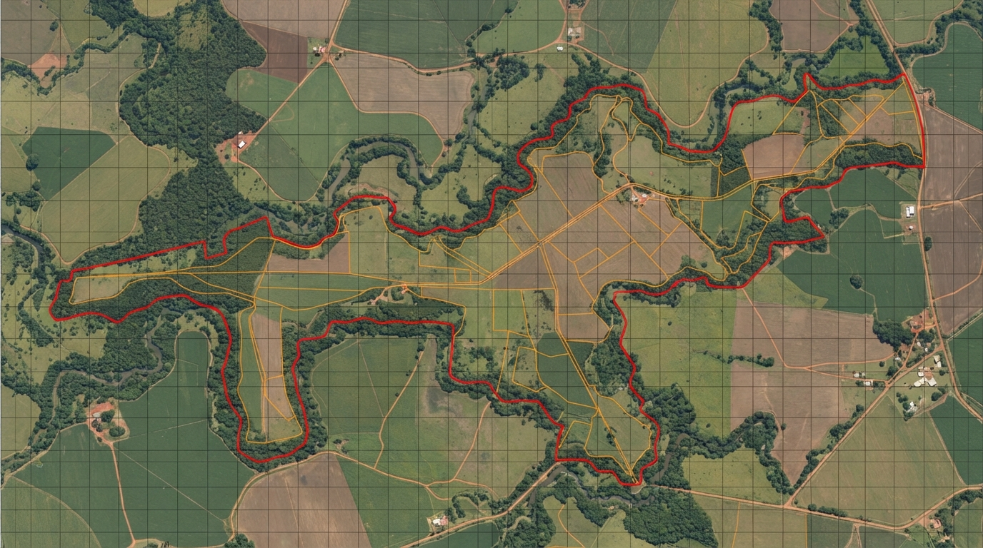 Technical aerial map of a rural property in Mato Grosso with highlighted area boundary and internal plot divisions overlaid on a cartographic grid