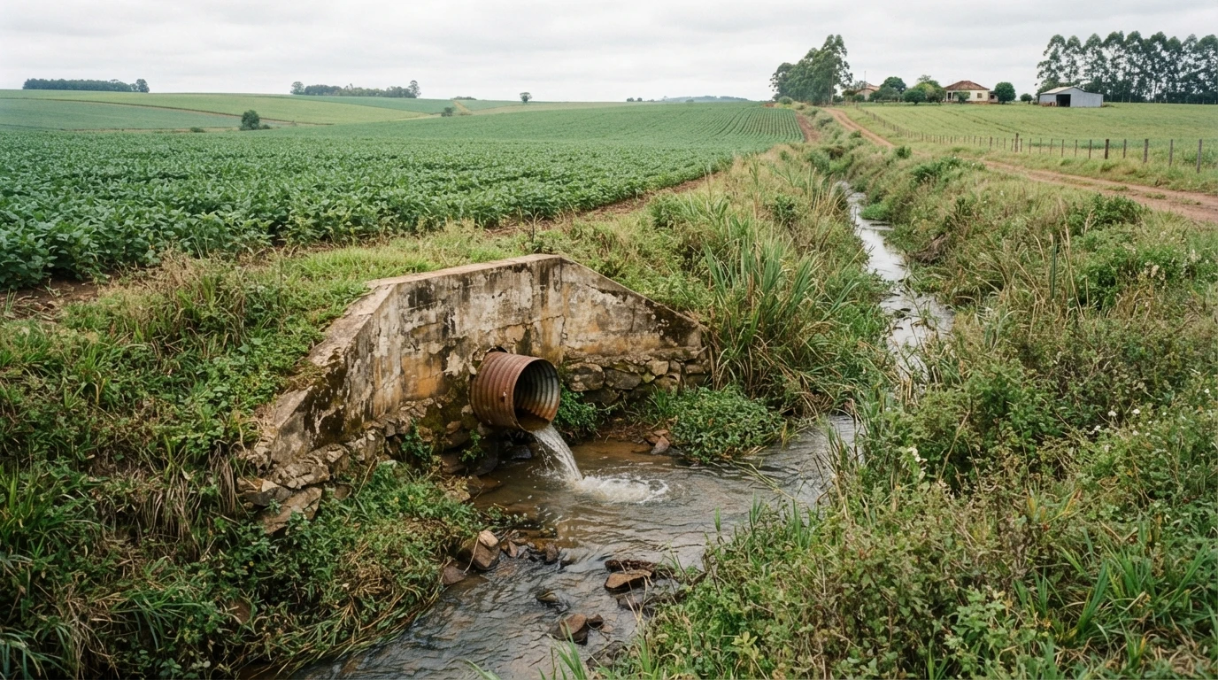 Saída de dreno agrícola já madura na paisagem, vegetação adaptada ao redor, canal de drenagem integrado há anos ao talhão