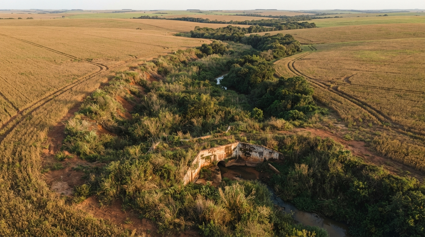 Aerial view of an old and worn agricultural drainage outlet, fully integrated into the mature vegetation around it, surrounded by productive farmland, evidencing decades of consolidated use