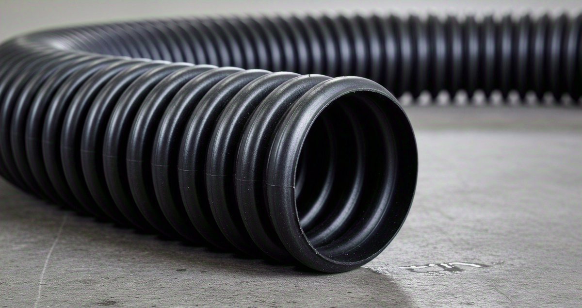 Close-up de um tubo corrugado preto apoiado em uma superfície de concreto.