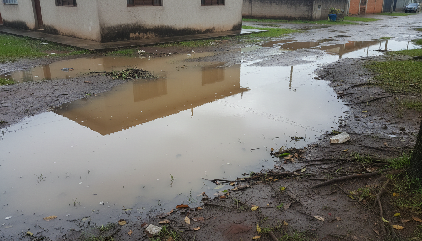 Água parada e solo encharcado após a chuva, sinal de drenagem deficiente