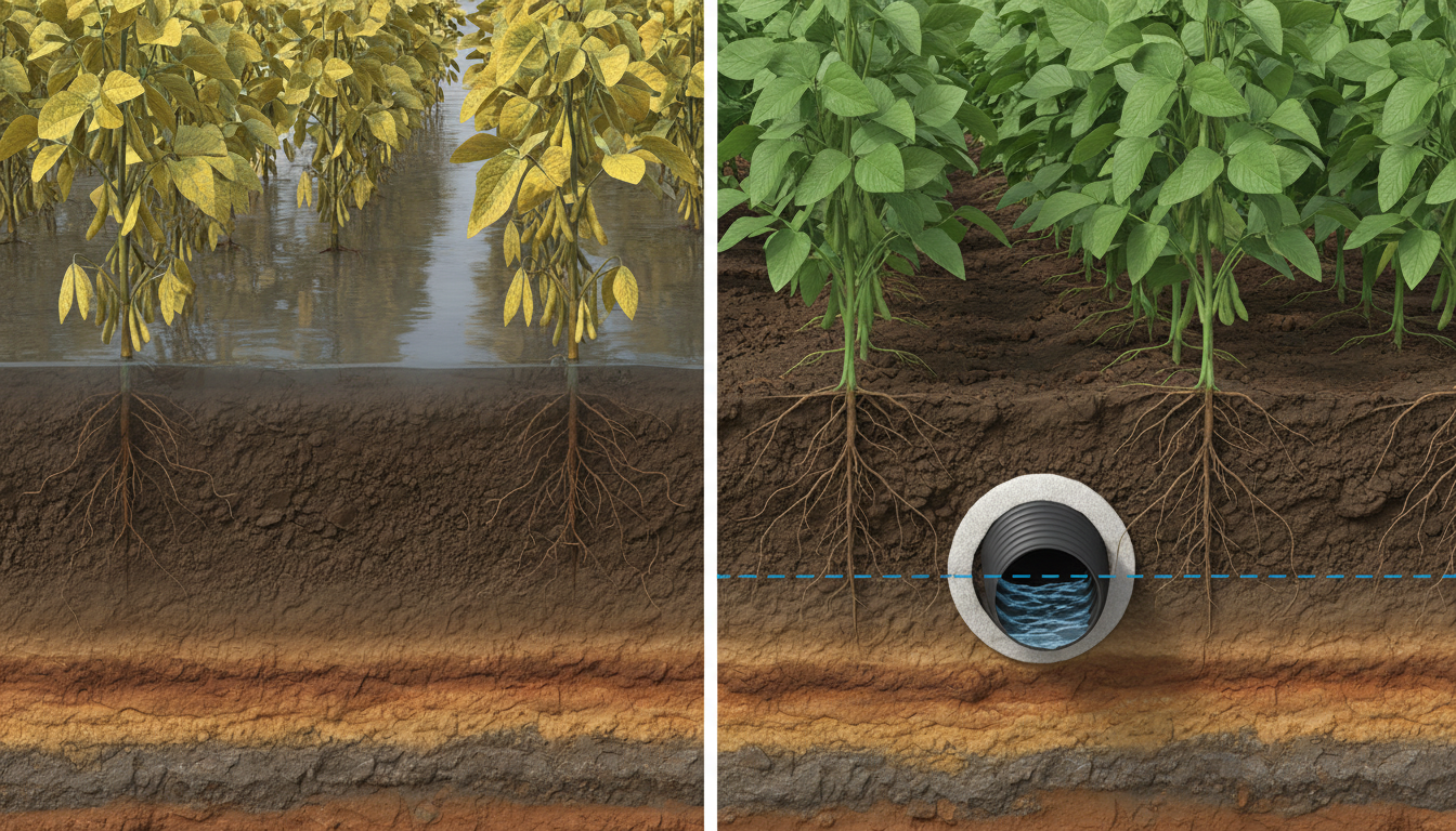 Solo encharcado versus solo com drenagem agrícola instalada — comparativo de desenvolvimento radicular